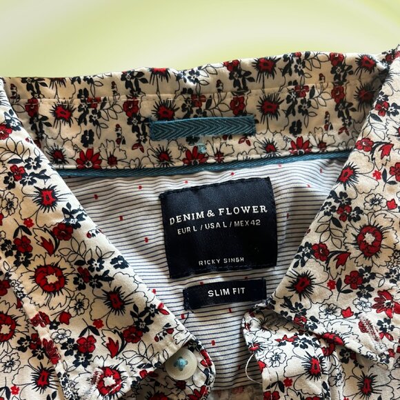 Denim & Flower Bold Red Floral Button-Up Shirt | Size L Slim Fit - Picture 3 of 4